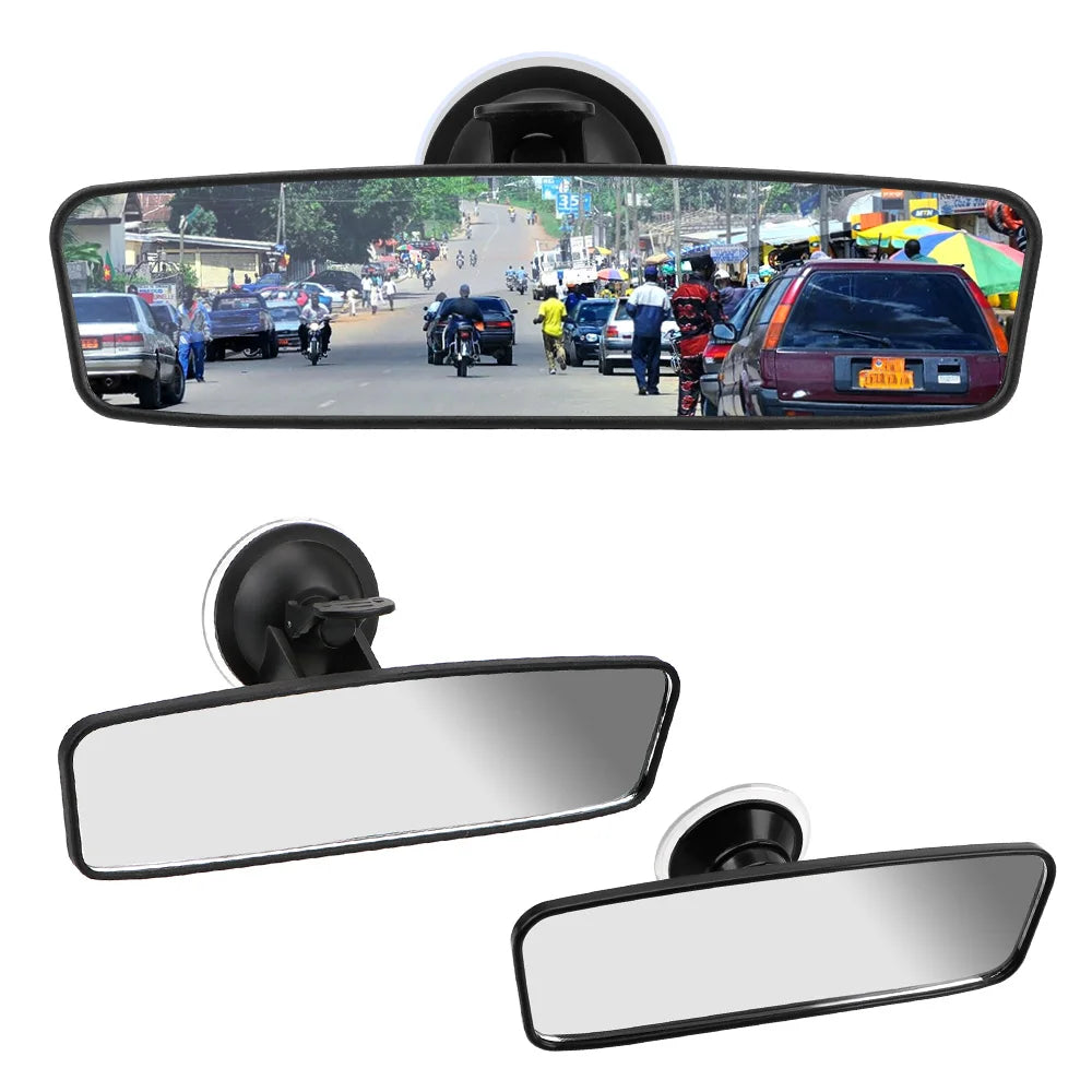A set of three 360° rotating wide-angle car rear view mirrors shown in various angles.