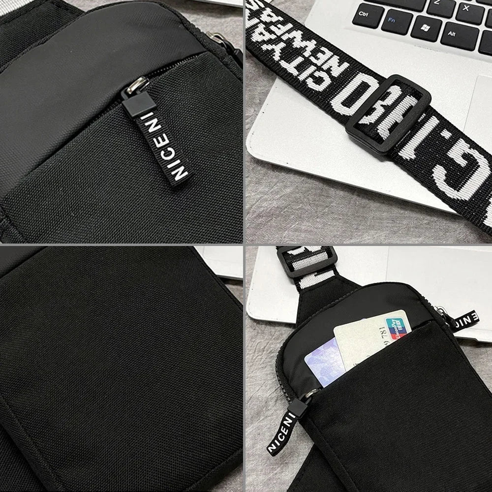 Black canvas chest bag with a zipper closure and a black strap featuring white text