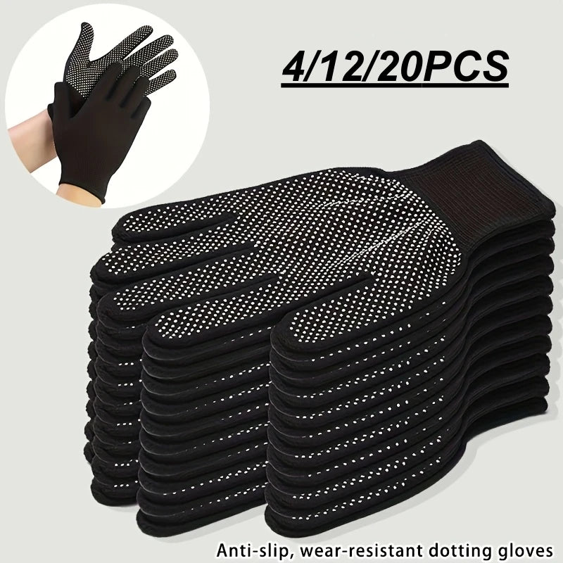 A stack of black anti-slip, wear-resistant dotted gripping gloves is shown with a separate hand illustration.