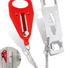 Verrou de porte à double trou en acier inoxydable rouge avec chaîne, montré à côté d'une porte.