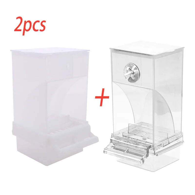Two clear acrylic no-mess bird feeder and waterer units for small to medium parakeets