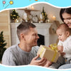 A mother and baby are shown interacting with a gift box and a first book for baby.