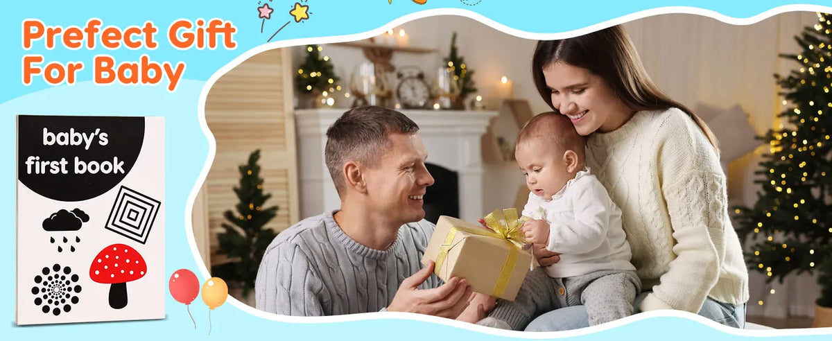 A mother and baby are shown interacting with a gift box and a first book for baby.