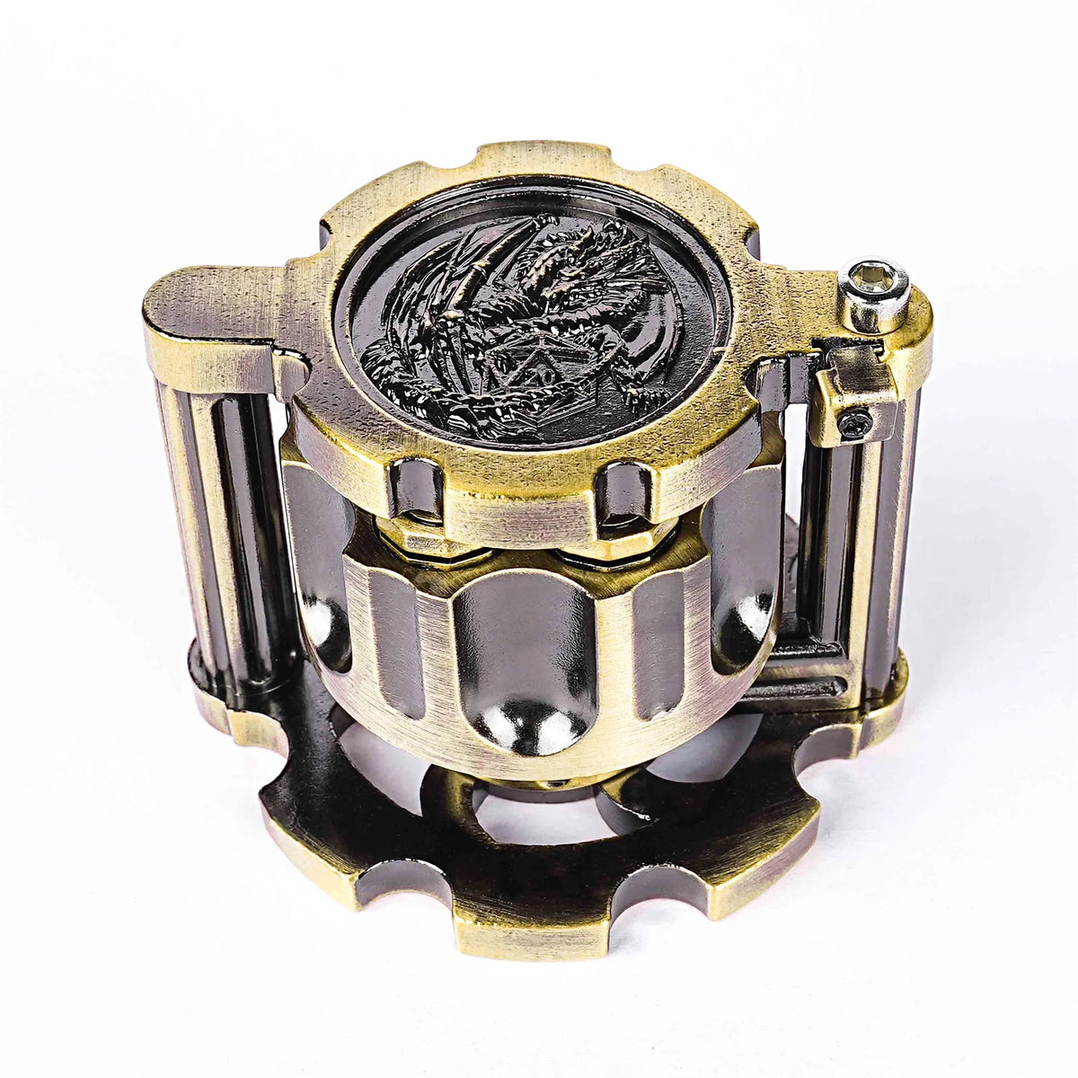 Golden Metal Revolver Dice Set for Tabletop RPGs