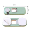 A light green child safety cabinet lock featuring a 360 degree rotating mechanism and a rectangular opening.