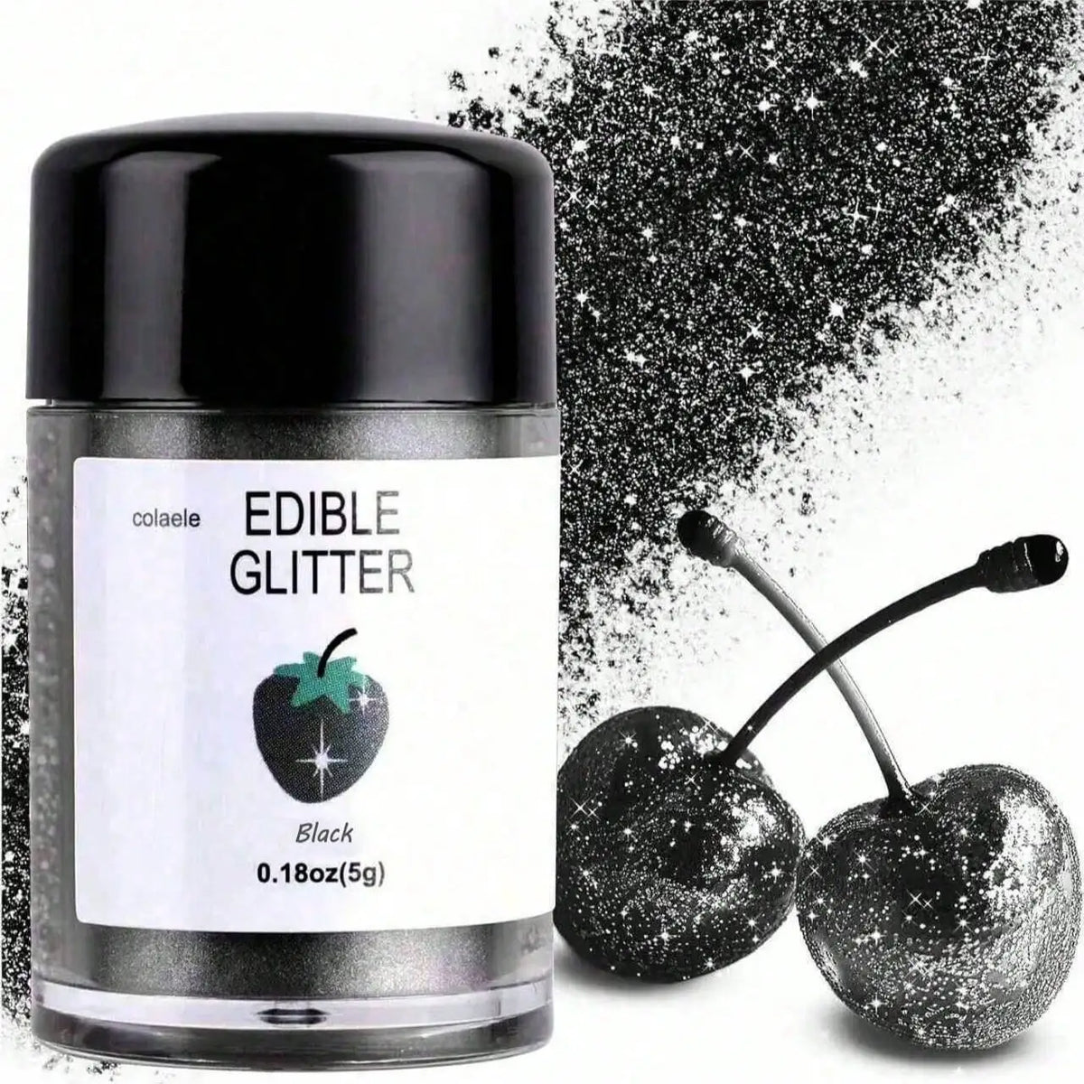 A glass jar of edible glitter powder labeled Black, next to two shiny black cherries covered in glitter.