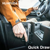 A hand is shown quickly drawing a magnetic holster holder with a quick-attach mount from a vehicle console.