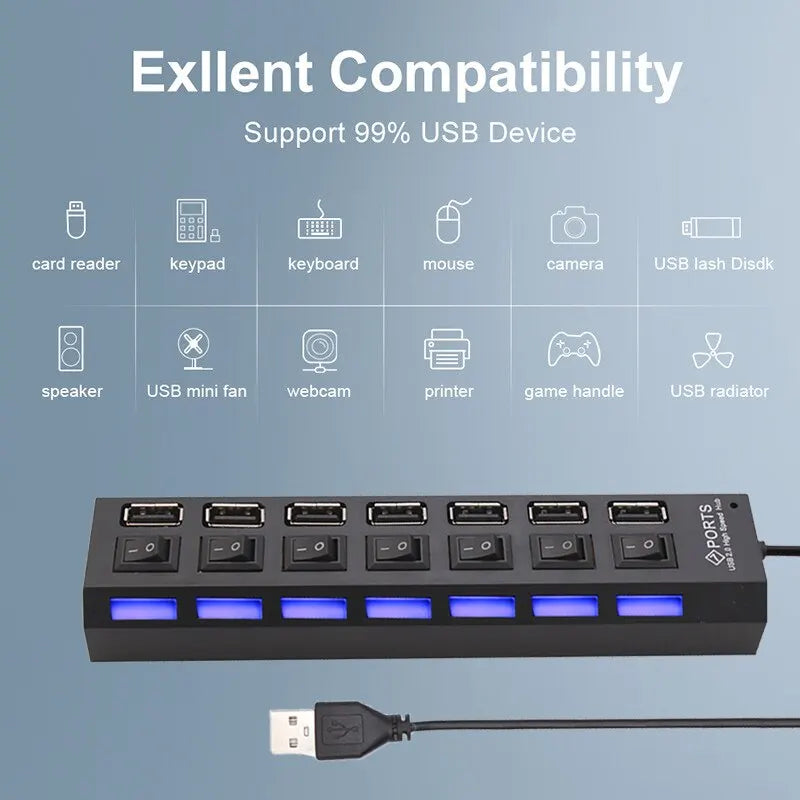 7-Port USB 2.0 Hub with Individual LED Switches