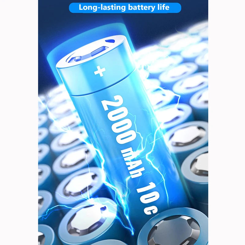 A blue cylindrical battery pack with lightning bolt graphics is shown against a blurred background of similar batteries.