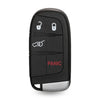 Black replacement key fob shell for Jeep, Dodge, Chrysler, and Fiat vehicles featuring various buttons and a panic function.