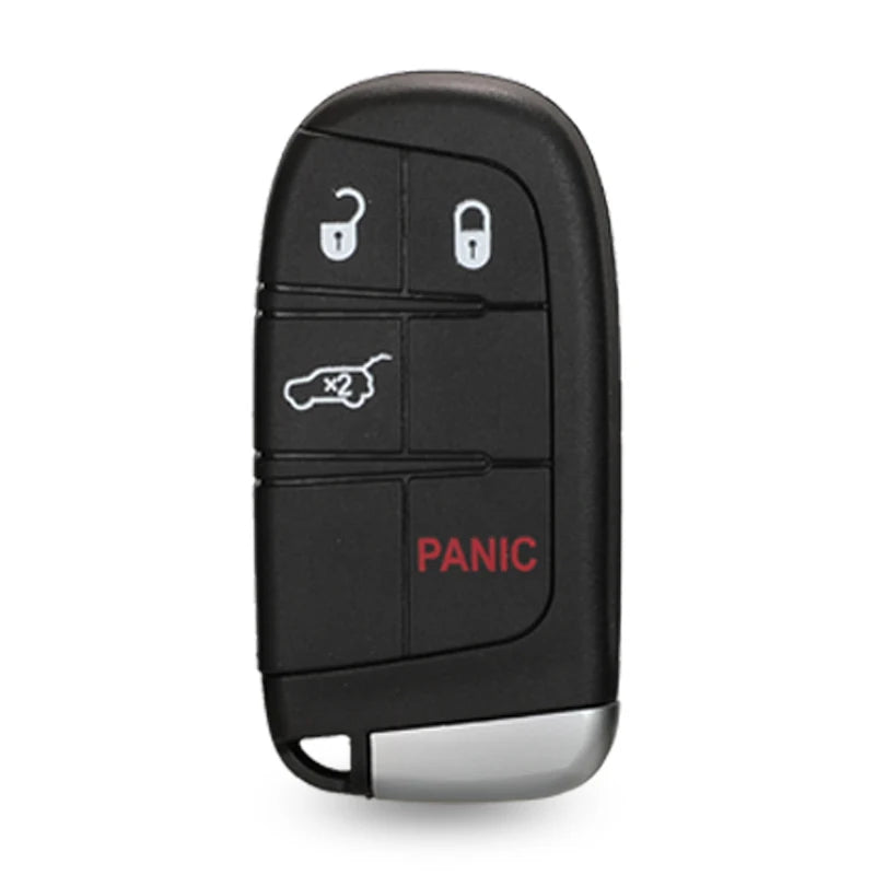 Black replacement key fob shell for Jeep, Dodge, Chrysler, and Fiat vehicles featuring various buttons and a panic function.
