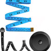 A set of flexible soft tape measures in blue and black, including a 60-inch measure and a circular measuring tool.