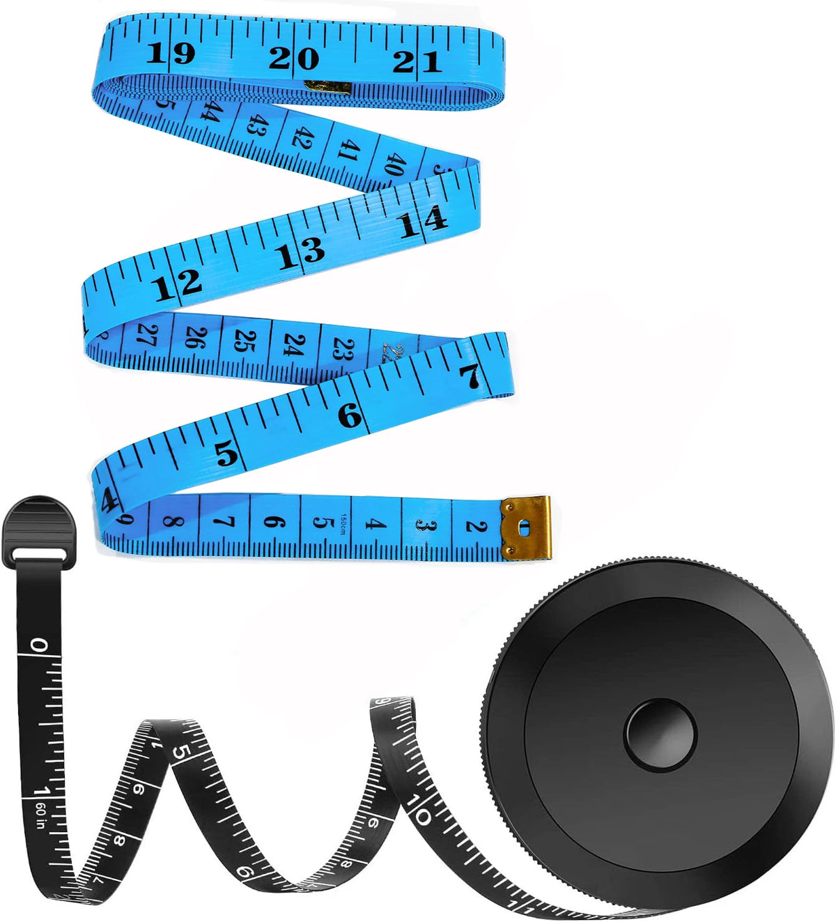 A set of flexible soft tape measures in blue and black, including a 60-inch measure and a circular measuring tool.