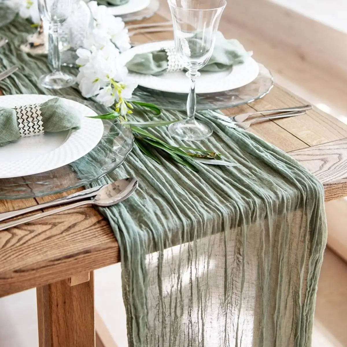 Semi-Sheer Gauze Table Runner in Sage