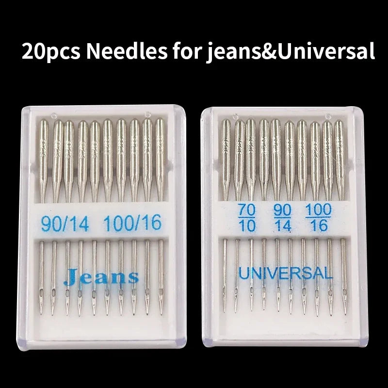 A set of 20 stainless steel sewing machine needles for jeans and universal use, packaged in two compartments.