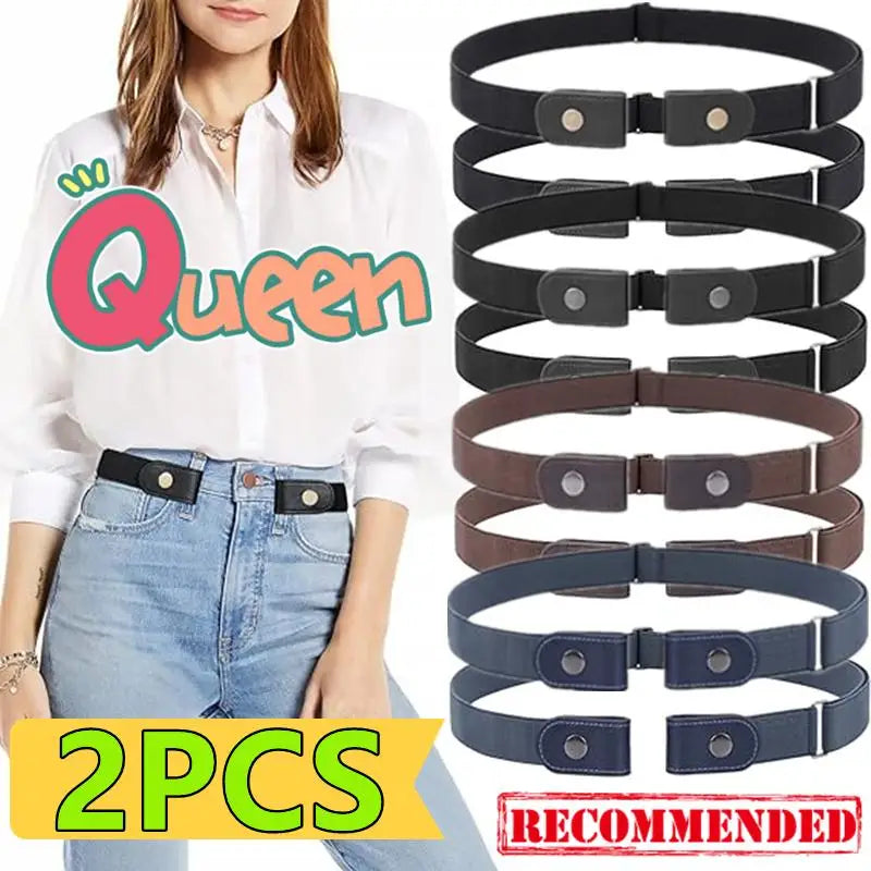 A set of black and brown non-buckle stretch elastic belts for men and women shown in multiple sizes.