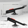 A heavy-duty steel door lift tool with a rotating mechanism shown in various angles and dimensions.