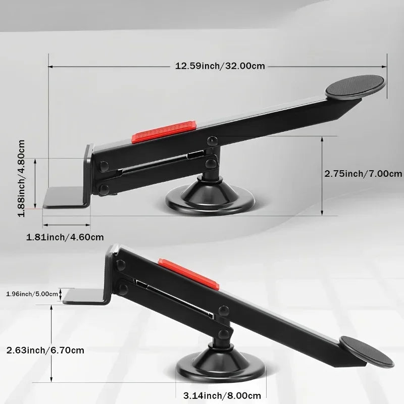 A heavy-duty steel door lift tool with a rotating mechanism shown in various angles and dimensions.