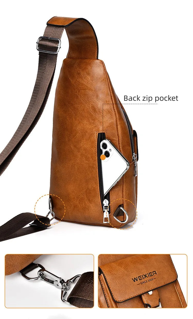 Braunes Kunstleder-Gürteltasche mit Rucksackverschluss und Lederriemen.