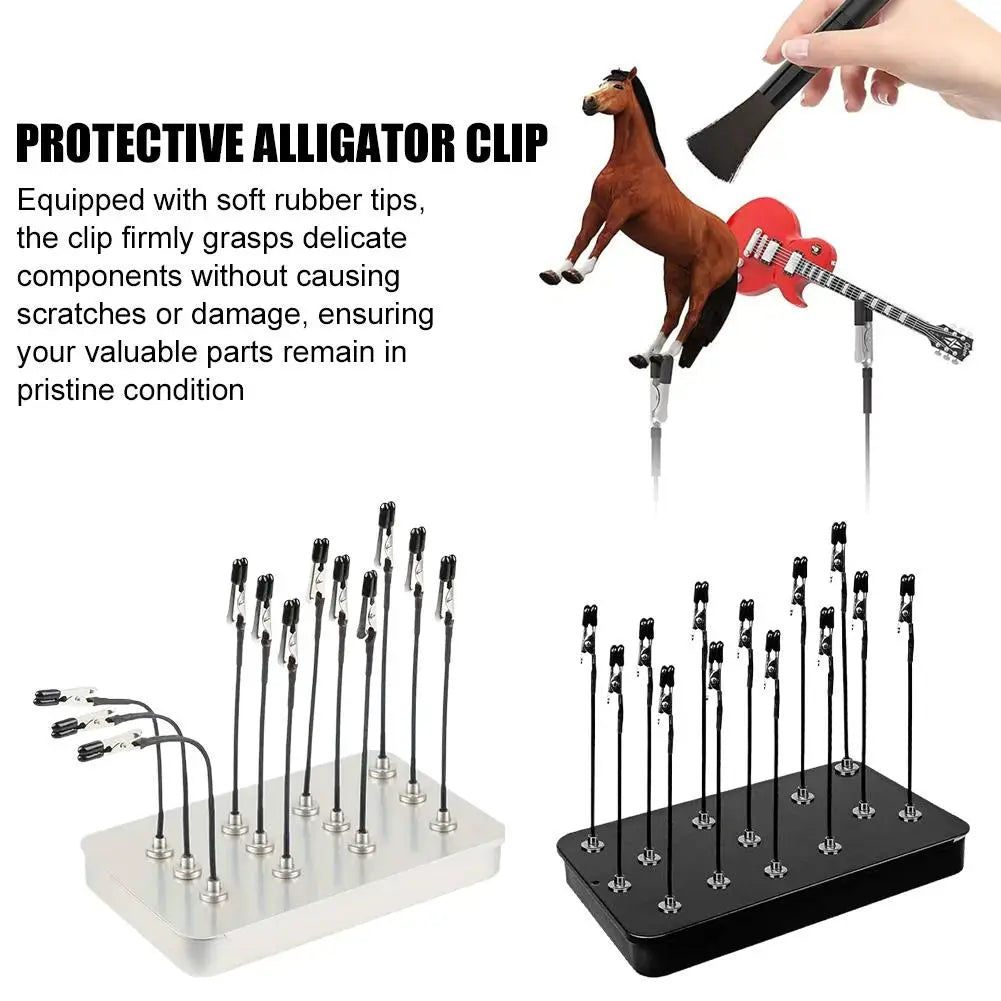 A protective alligator clip tool with soft rubber tips and a magnetic helping hands device for delicate work.