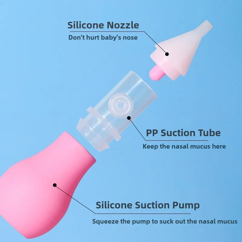 A silicone nasal aspirator kit showing a silicone nozzle, a PP suction tube, and a silicone suction pump for removing nasal m