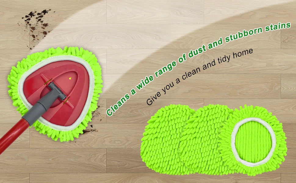 A green replacement spin mop head is shown next to a red mop head, illustrating cleaning power.