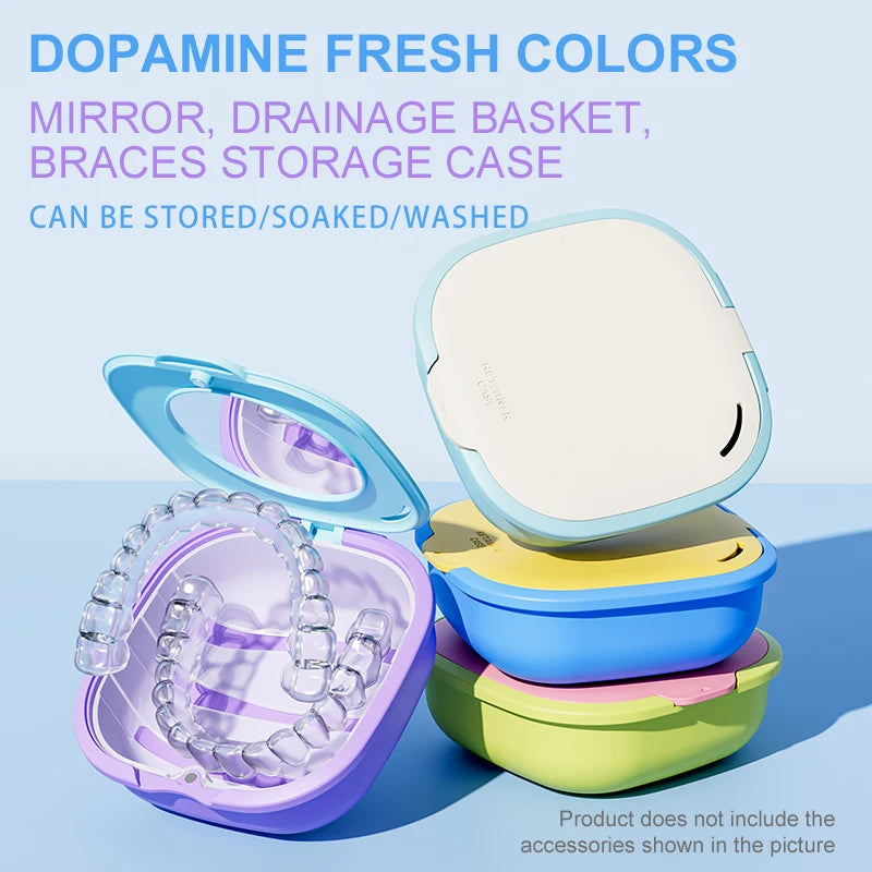 Colorful Denture & Retainer Case with Mirror and Drainage Basket