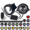 A black LED headlight with a remote control and various eye emojis and car logos displayed on the lens.
