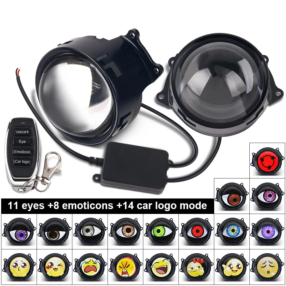 A black LED headlight with a remote control and various eye emojis and car logos displayed on the lens.