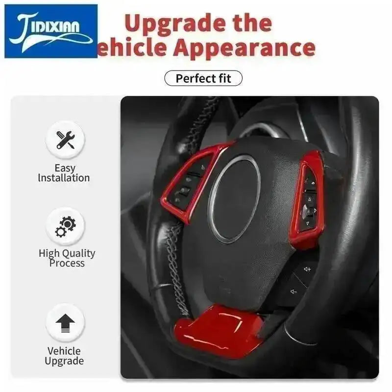 A close-up of a red interior and exterior trim kit for a Chevrolet Camaro vehicle upgrade.