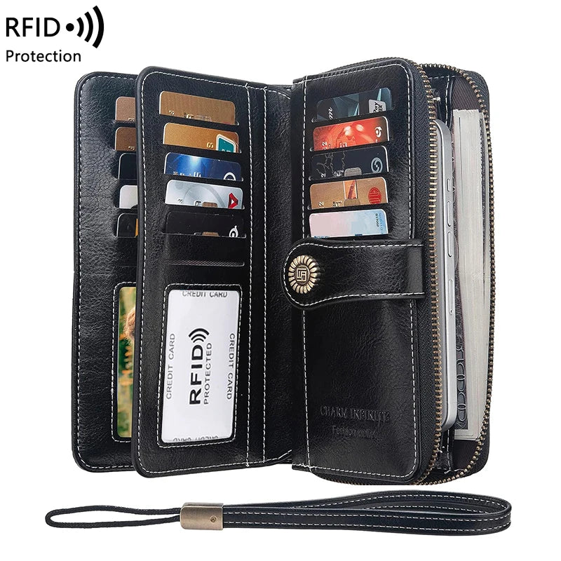 Vintage RFID-Blocking Large Capacity Wallet with Wrist Strap