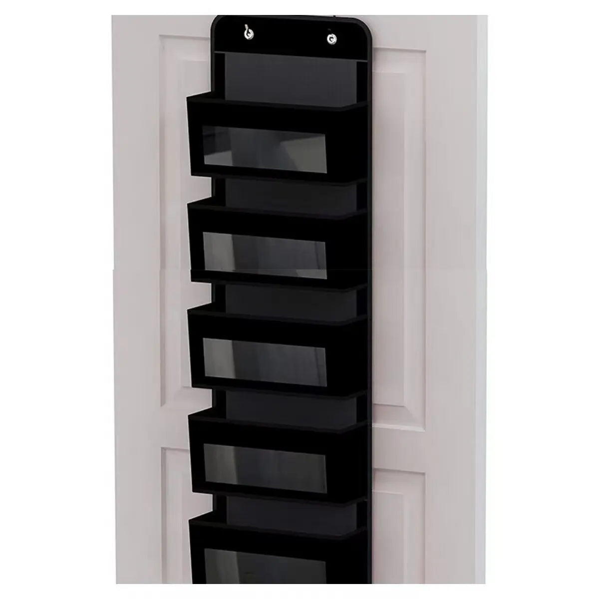 A black 5-shelf over-the-door hanging storage organizer mounted on a white door frame.