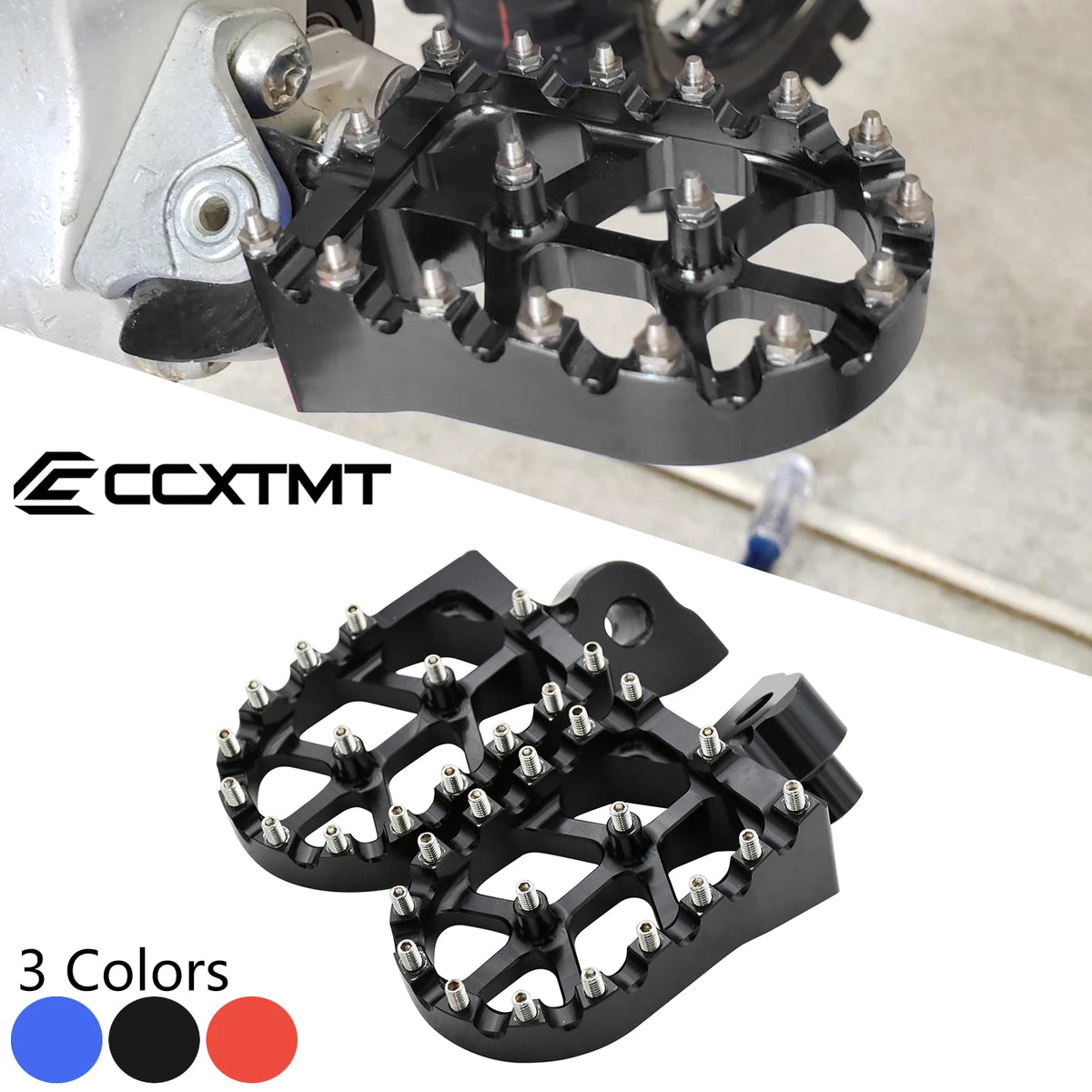 A close-up view of black CNC aluminum foot pegs for dirt bikes, showing three color options.