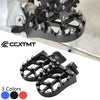 A close-up view of black CNC aluminum foot pegs for dirt bikes, showing three color options.