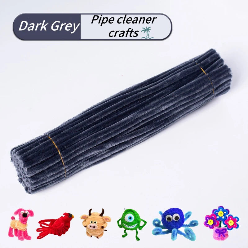 A dark grey set of 100 chenille pipe cleaners for crafting.