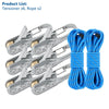Six heavy-duty metal tensioners with reflective nylon rope are shown next to two bundles of blue rope.
