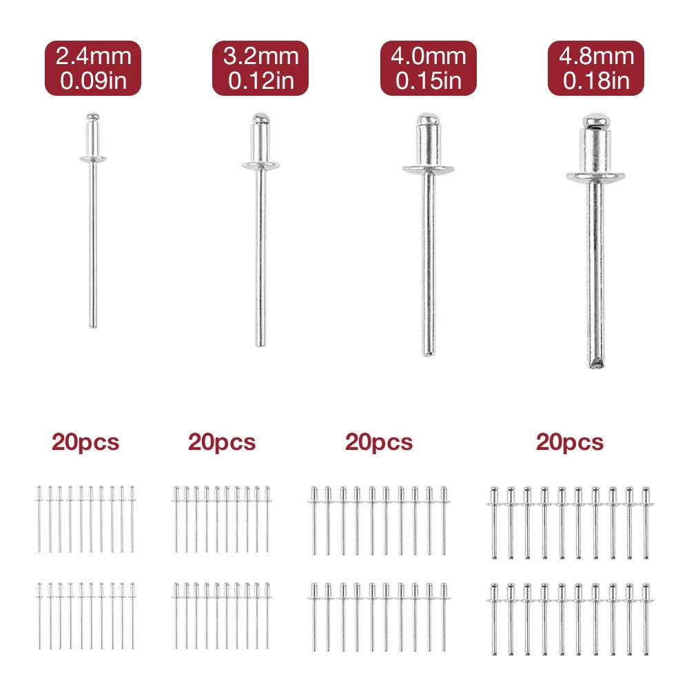 A set of manual rivet gun heads in various sizes and a collection of metal rivets.