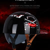 A black retro sport style motorcycle helmet with a brown strap and a red and black graphic design.