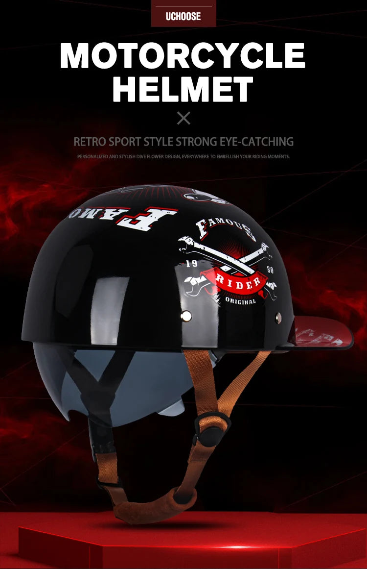 A black retro sport style motorcycle helmet with a brown strap and a red and black graphic design.