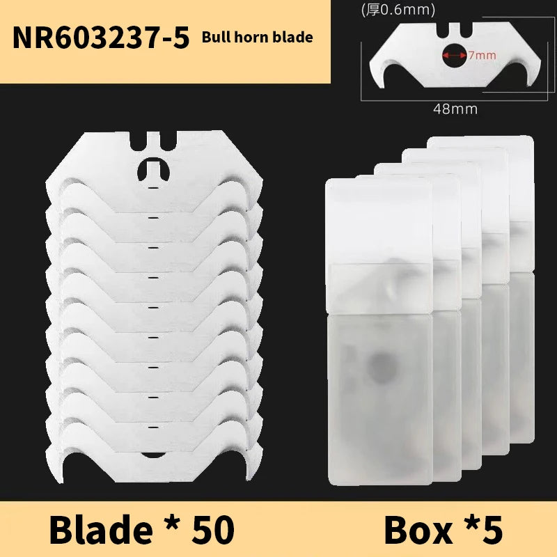 A set of 50 white bull horn blades and 5 storage boxes are displayed.