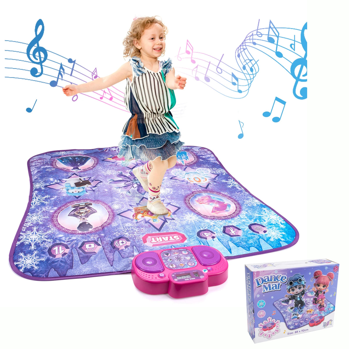 A young girl is dancing on a purple mat with musical notes floating above her, next to the dance mat product box.