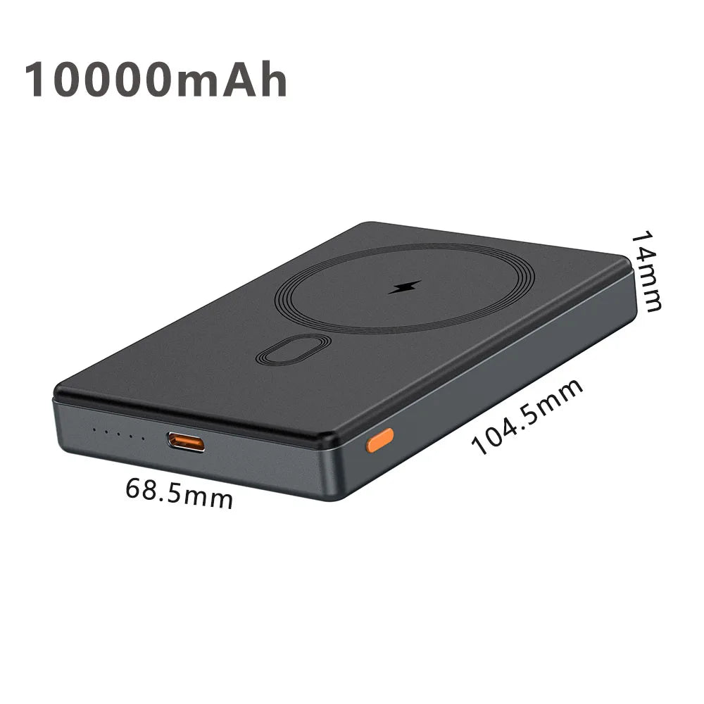 A black foldable magnetic wireless power bank with built-in cables shown from the top view.