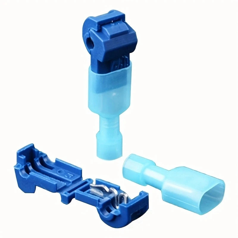 Blue self-stripping T-tap wire connectors with quick disconnect terminals shown in various forms.