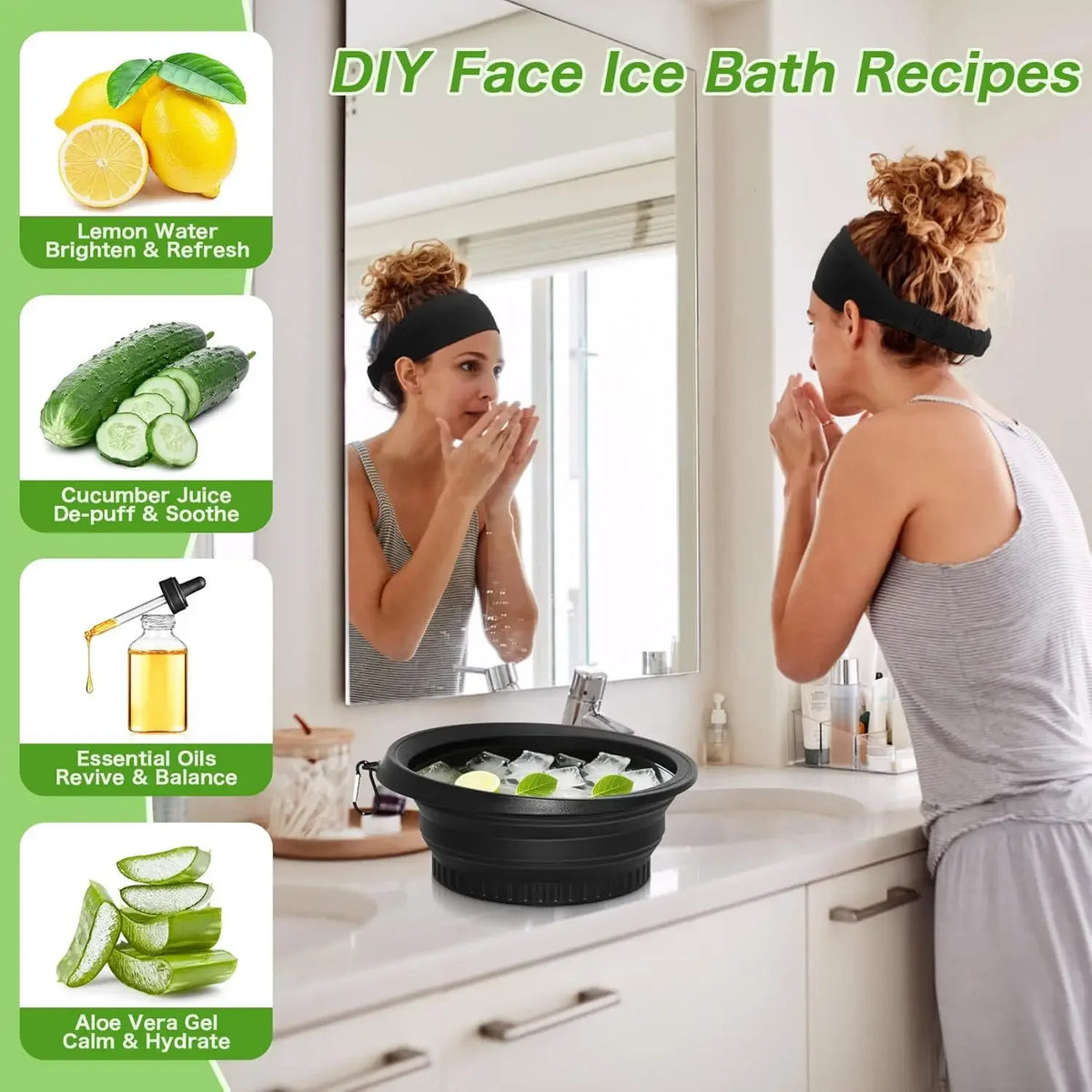 DIY face ice bath recipes featuring lemon, cucumber, and aloe vera ingredients