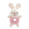 A soft plush baby rattle toy shaped like a rabbit with pink and white stripes.