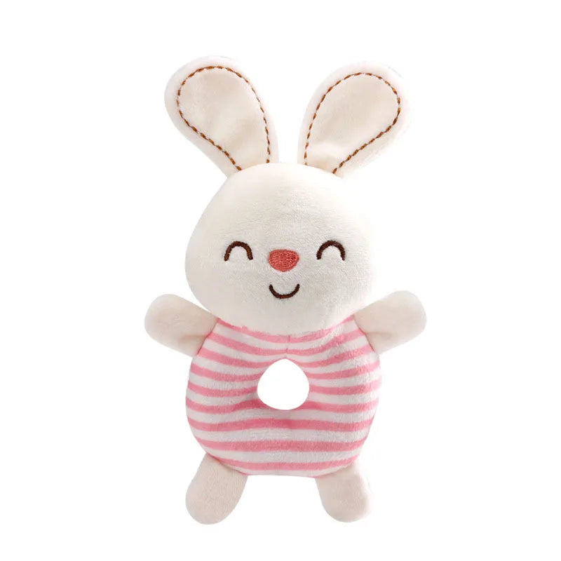 A soft plush baby rattle toy shaped like a rabbit with pink and white stripes.