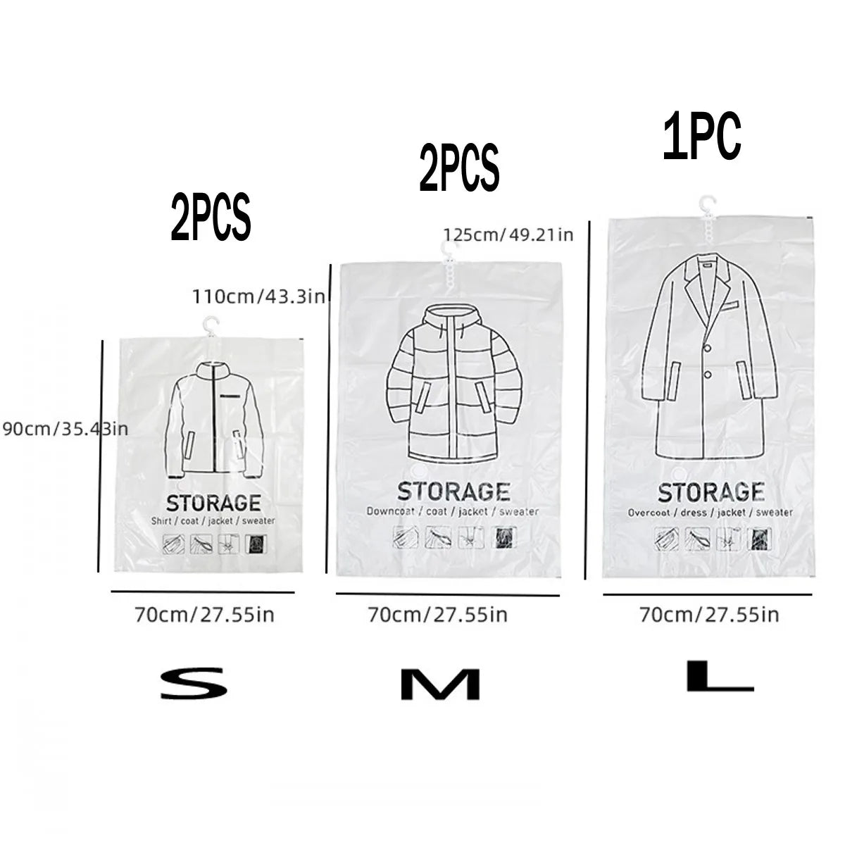 Three sizes of hanging vacuum storage bags for clothes labeled S M L with dimensions provided.