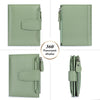 A light sage green genuine leather RFID blocking bi-fold wallet shown in multiple views.