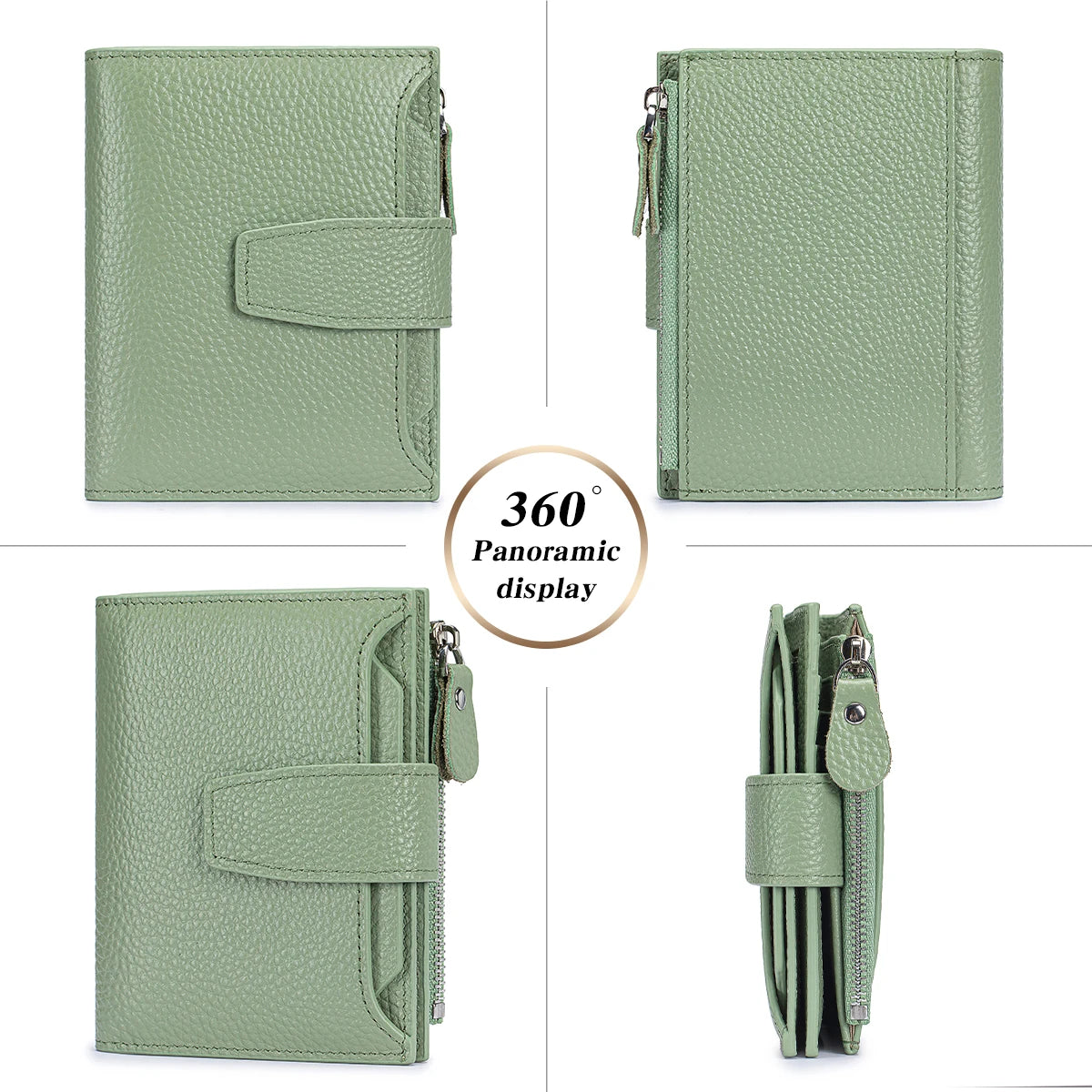 A light sage green genuine leather RFID blocking bi-fold wallet shown in multiple views.