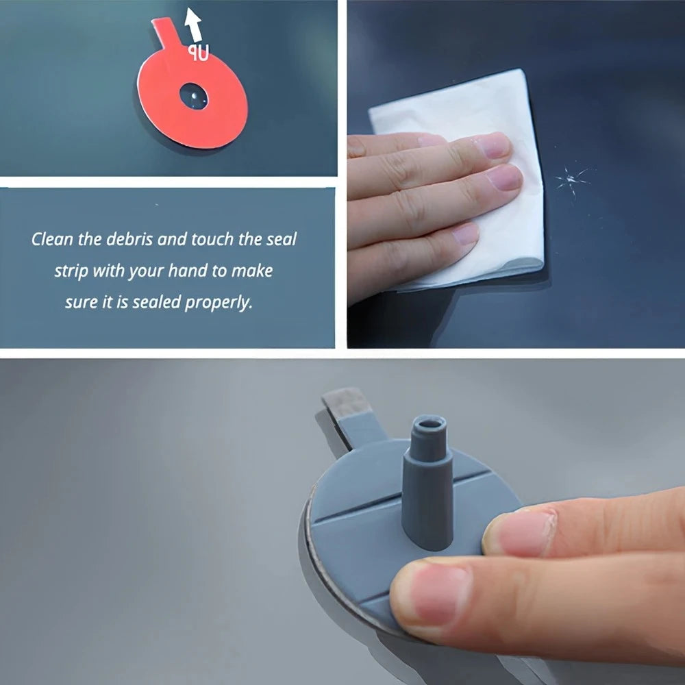 A hand cleans debris and touches a seal strip on a red resin disk to ensure proper sealing for windshield repair.